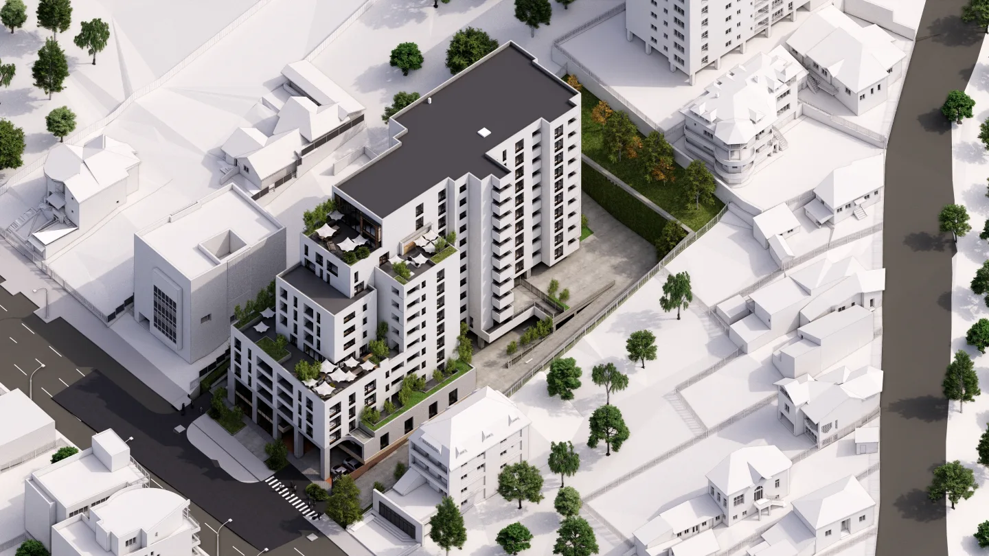 Randare aeriană a ansamblului VSC Frații Golești în contextul urban